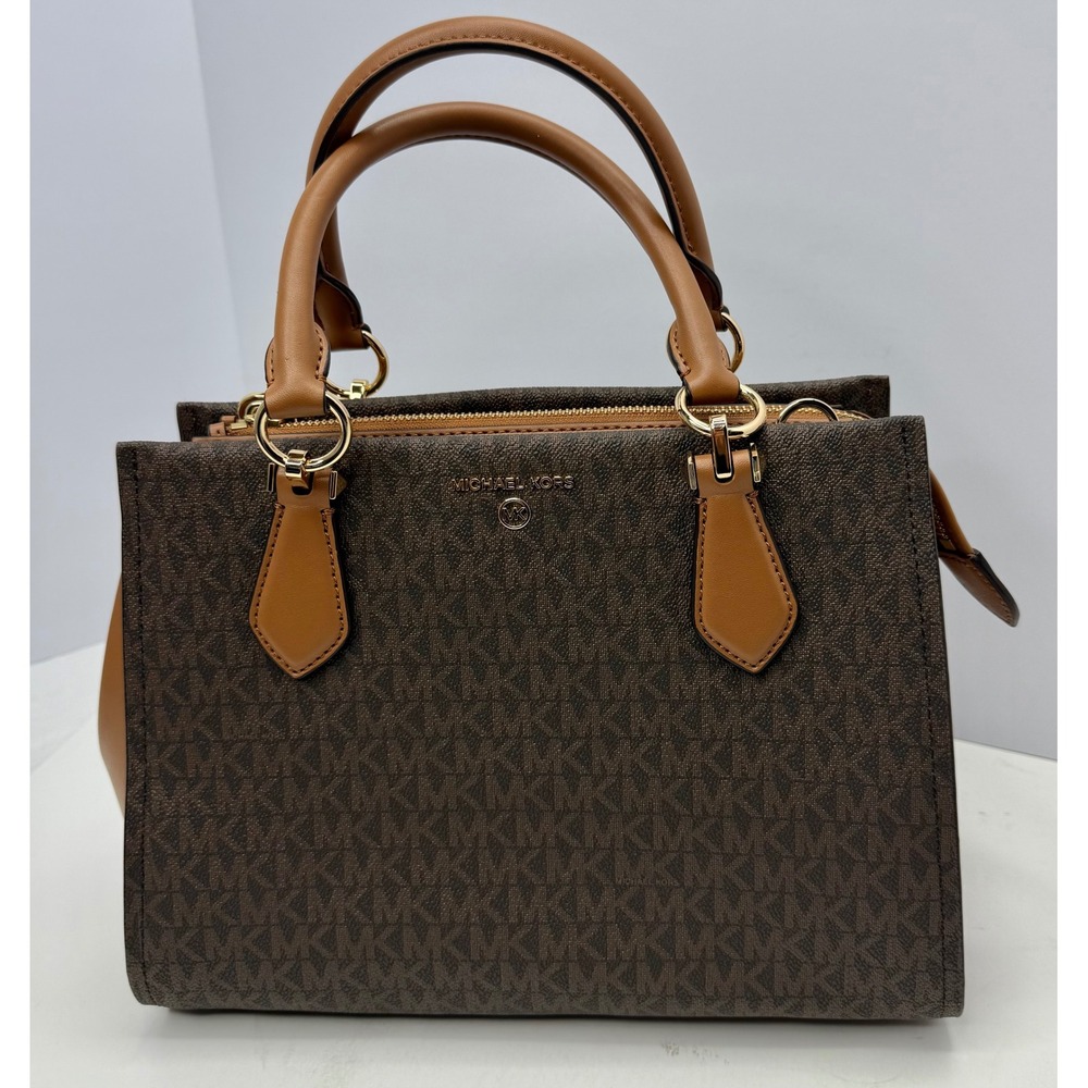 Michael Kors Marilyn Satchel Brown Acorn MK Signature Leather Gold Hardware
